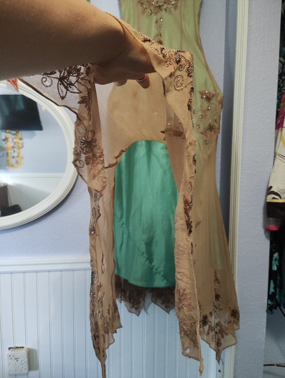 Papell Boutique Blush Green Beaded Fringe Maxi Dress - Picture 6 of 14